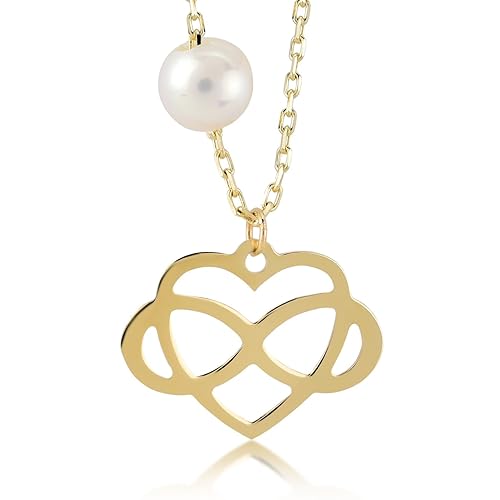 Damen Halskette 14 Karat - 585 Echt Gelbgold, Goldkette Unendlichkeit zeichen mit Mallorcaperle, einem Herz verbunden als Anh