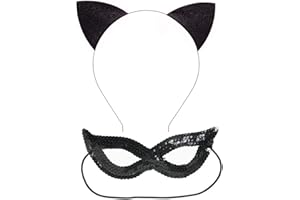 Merroyal Glitter Cat Ears Headband Halloween Fancy Dress Cat Woman Hairband Cosplay (Black) (Glitter Cat Headband+Cat Mask)