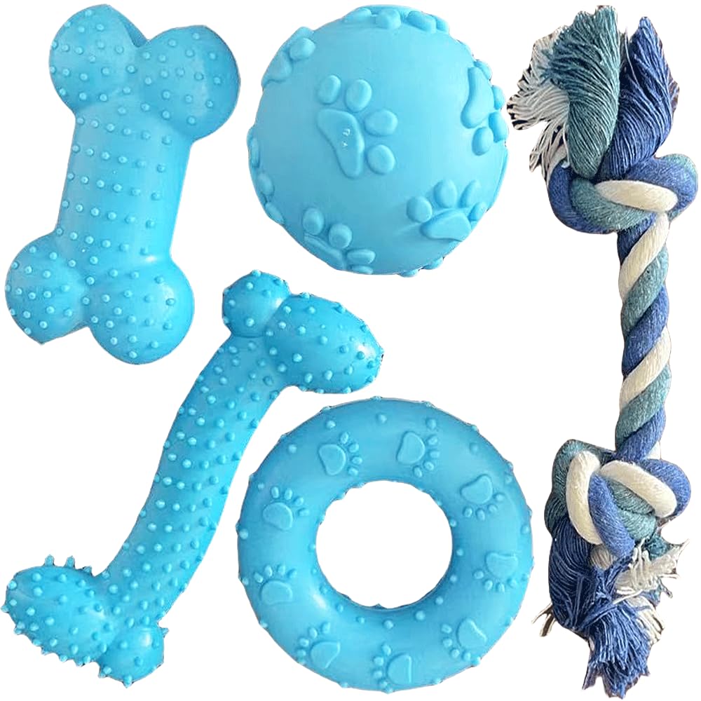 Speedy Panther 5Pcs Puppy Chew Toys for Teething Small Dogs - Squeaky Rubber Ball & Durable Cotton Rope Dental Toys | Blue Dog Toy Set for Boredom & Teeth Cleaning