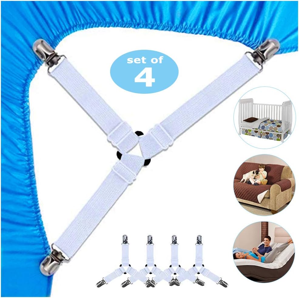 Bed Sheet Fasteners Bed Sheet Holder Straps Triangle Bed Sheet Keepers Adjustable Elastic Bed Sheet Holders Mattress Cover Holder Fasteners and Suspenders with Heavy Duty Grippers Clips, 4Pcs (White): Home & Kitchen