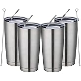 MEWAY 20oz Tumbler 4 Pack Double Wall Vacuum Insulated Travel Mug Bulk, Stainless Steel Tumblers with Lid and Straw, Durable Powder Coated Coffee Cups for Cold & Hot Drinks (Silver, 4)