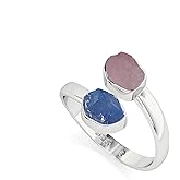 LUSTRE AND LIGHT Natural Raw/Rough Blue Sapphire & Morganite 2 Stone Size Adjustable Stackable Twister Ring for Women in Sterling Silver, June & September Birthstone Jewelry Gifts for Her (Bezel-Set)