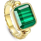 Phyonio Women's 14K Gold Plated Statement Rings Emerald Cut Teal Turquoise/Rose Quartz Crystal/Spiny Oyster Turquoise Signet Ring Stainless Steel Chunky Gold Rings Size 5-10
