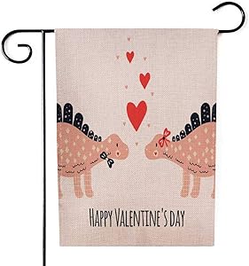 Asdecmoly Outdoor Garden Memorial Garden Flag Nursery Cute Print Dinosaur Happy Day February Heart Posters Banners Greeting Cards Pink Red 12.5 X 18 Inches Decorative Garden Flags