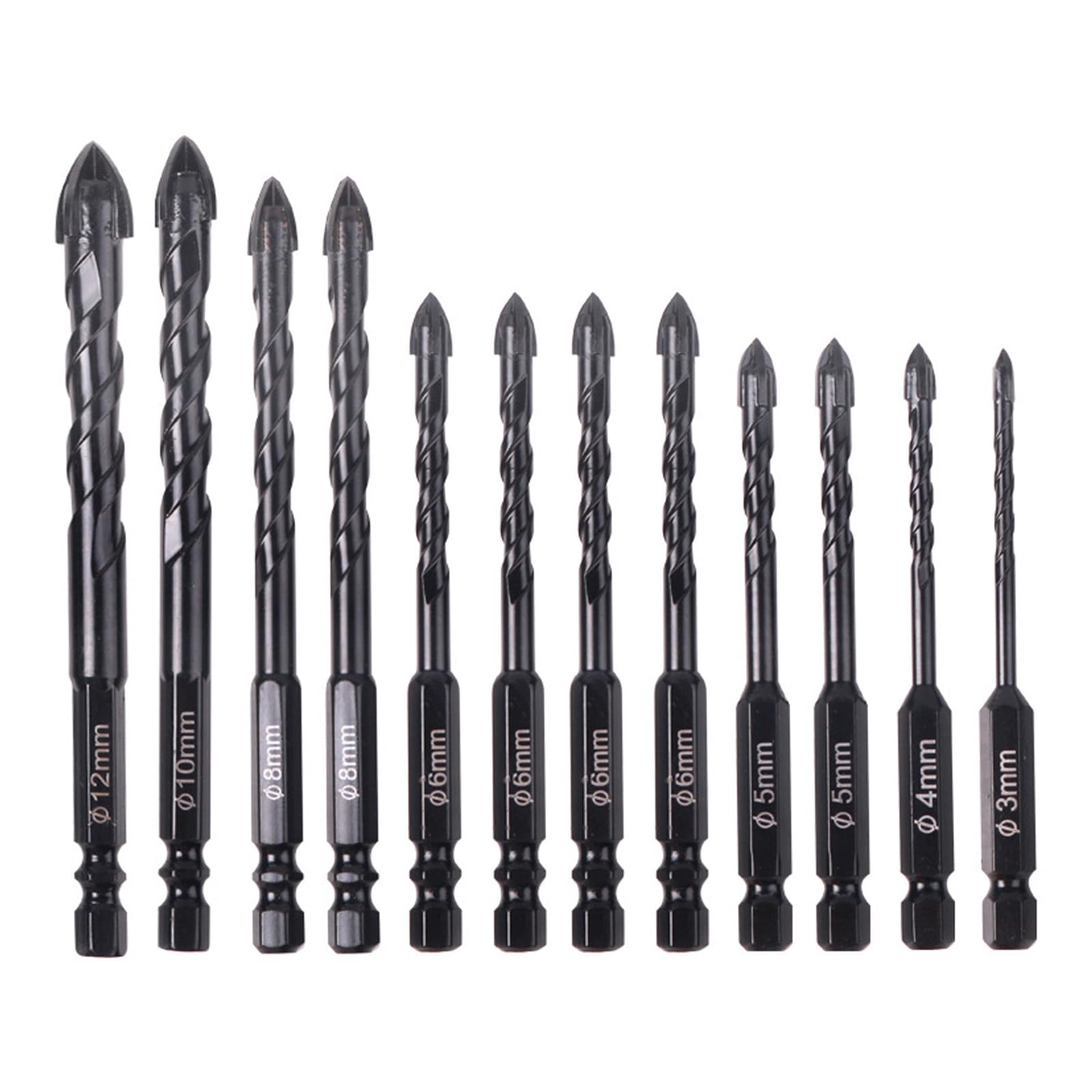ThrivingAura 12 Pcs Carbide Masonry Concrete Drill Bit Set, Professional Tungsten Carbide Tile Drill Bit for Stone Tile Brick Ceramic Glass Metal Sheet Plastic Wood 3mm, 4mm, 5mm, 6mm, 8mm, 10mm, 12mm