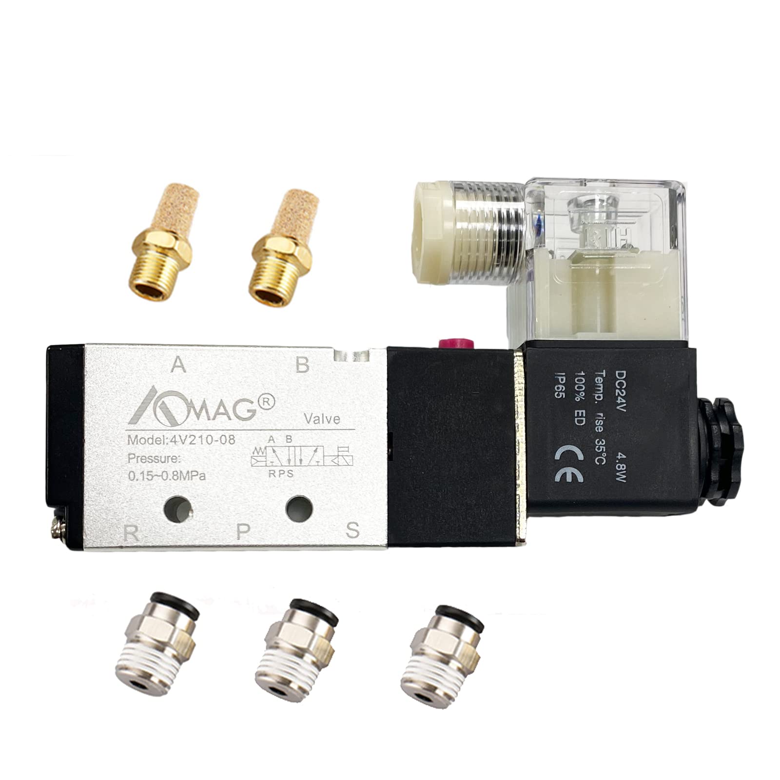 AOMAG Pneumatic 1/4" PT Solenoid Valve 4V210-08 DC 24V Single Coil Pilot-Operated Electric 2 Position 5 Way Connection Type