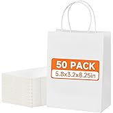 METAPRINT 50 Pack Small Gift Bags 5.8x3.2x8.25 Inch White Paper Bags with Handles Bulk, Kraft Paper Bags for Party favor, Retail, Grocery Sacks