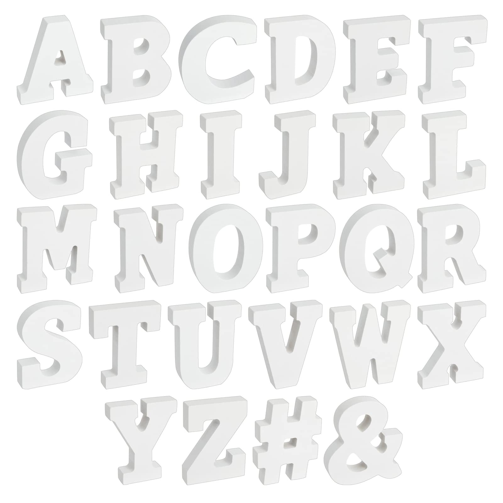 Photo 1 of Juvale Wooden White Alphabet Set - 54-Piece 3D Wood Letters, 3.13" H x 0.6" Thick, White Wood - 3D Alphabet Blocks & Thick Wooden Letters for Crafts, Home, Wedding & Party Tabletop Decor