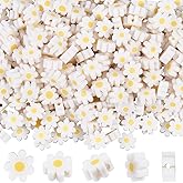 PONABEADIY 1 Box 400PCS Daisy Flower Clay Beads with Holes White Flat Polymer Handmade Small Flowers Shaped Charms Loose Spacer Bead Bulk for Jewelry Making Bracelet Necklace Adult DIY Craft Supplies