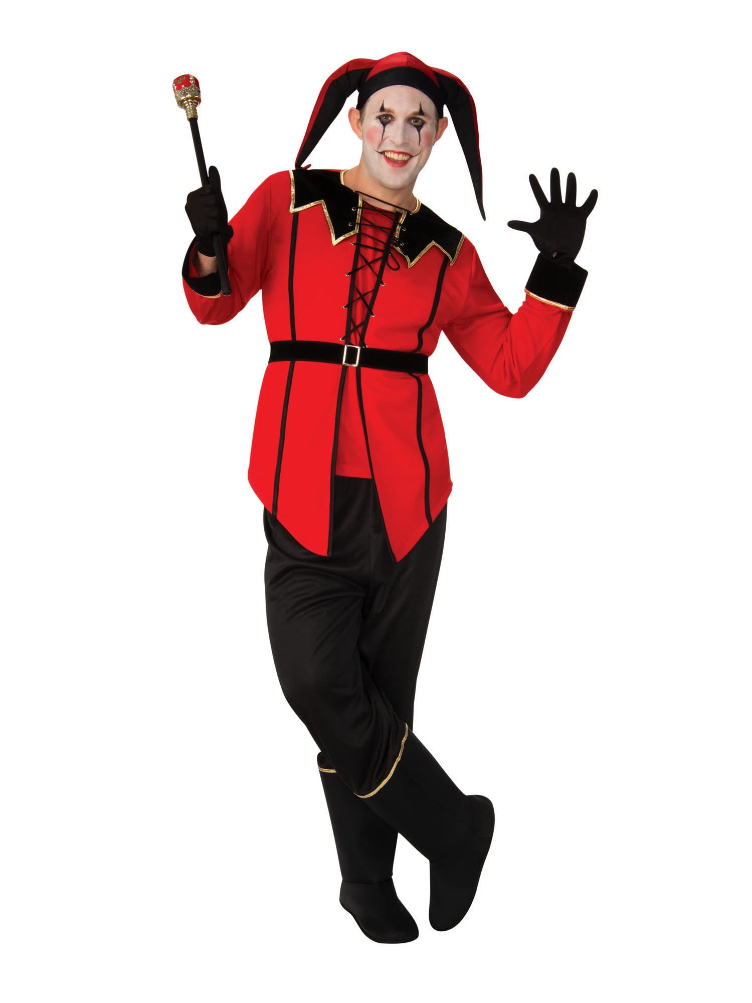 Rubies Black & Red Court Jester Adult Costume Set (Extra Large Size) - Vibrant Design, Perfect for Halloween, Masquerade,Themed Parties, Medieval & Knights Events Halloween