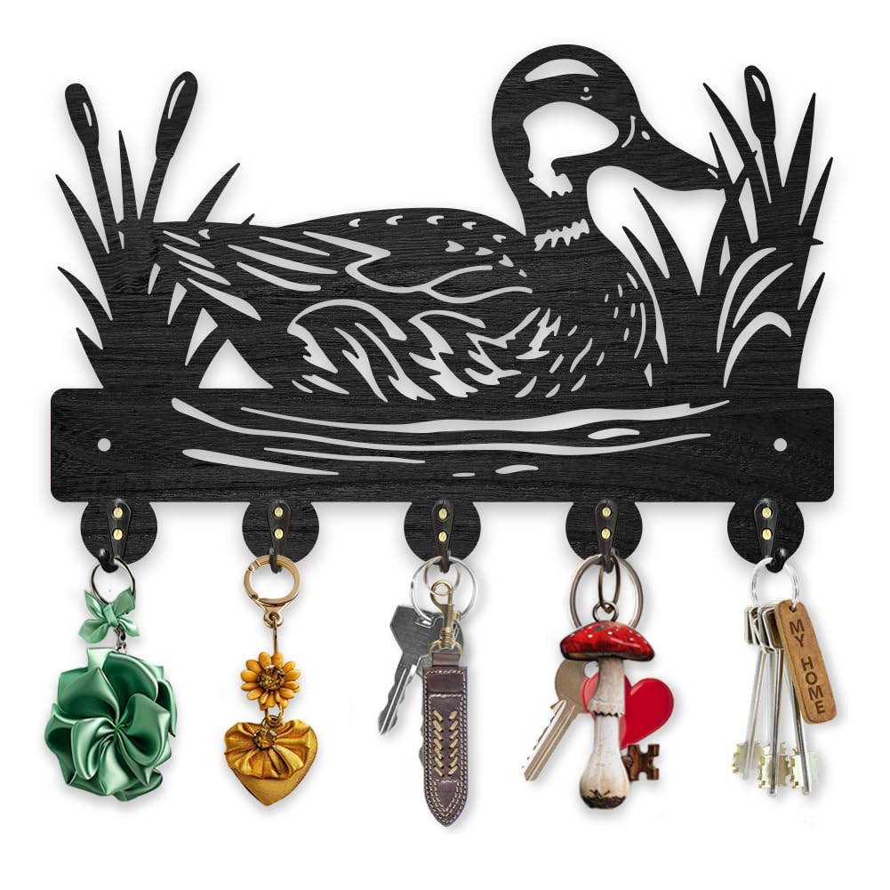 MAYJOYDIY Wild Duck Key Holder for Wall Duck River Wooden Wall Key Rack 30×20cm Decorative Gift Black Wall Key Hanger Organizer 5 Alloy Hooks for Farm Kitchen Entryway Office