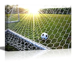 Canvas Prints Wall Art - Close Up of The Soccer Goal Netting with Soccer Ball on a Green Field- 12" x 18"