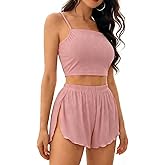 OYOANGLE Women's 2 Piece Pajama Set Ribbed Knit Cami Crop Top and Side Split Shorts Set Pjs Sleepwear