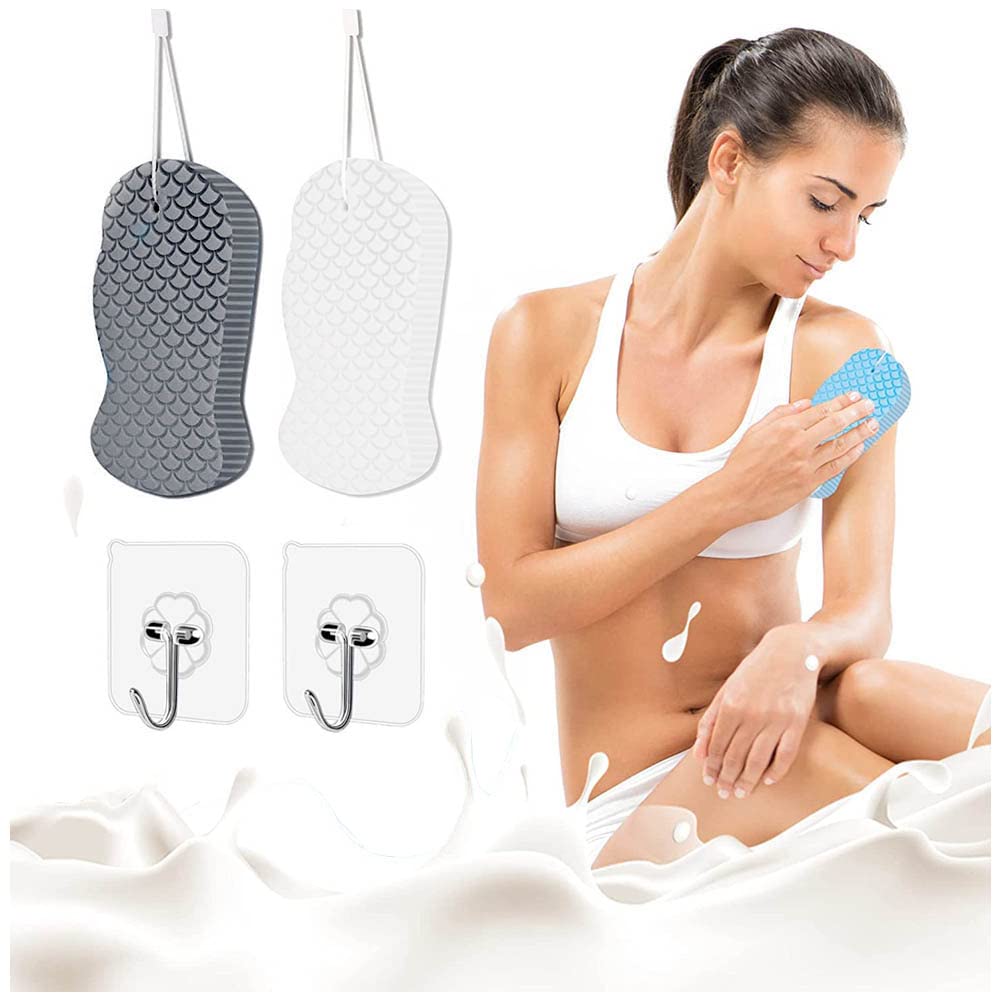 Super Soft Exfoliating Bath Sponge Ultra Soft Bath Body Shower Sponge Reusable Spa Scrub Exfoliator with 2 Bonus Hooks (White+Grey)