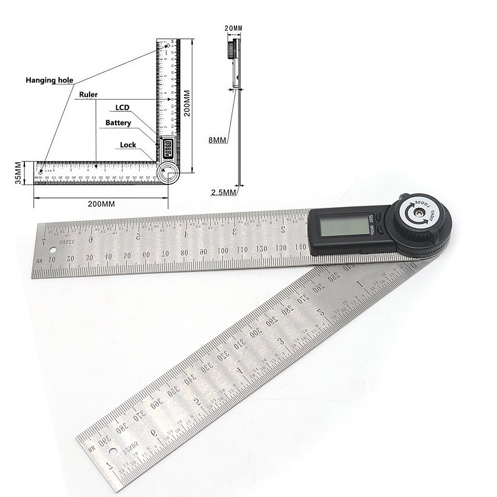Malayas Digital Angle Finder Ruler 8 inch/200mm Digital Protractor with Data Hold Function and Zeroing Resetting LCD Display Electronic Spirit Level Gauge Angle Ruler