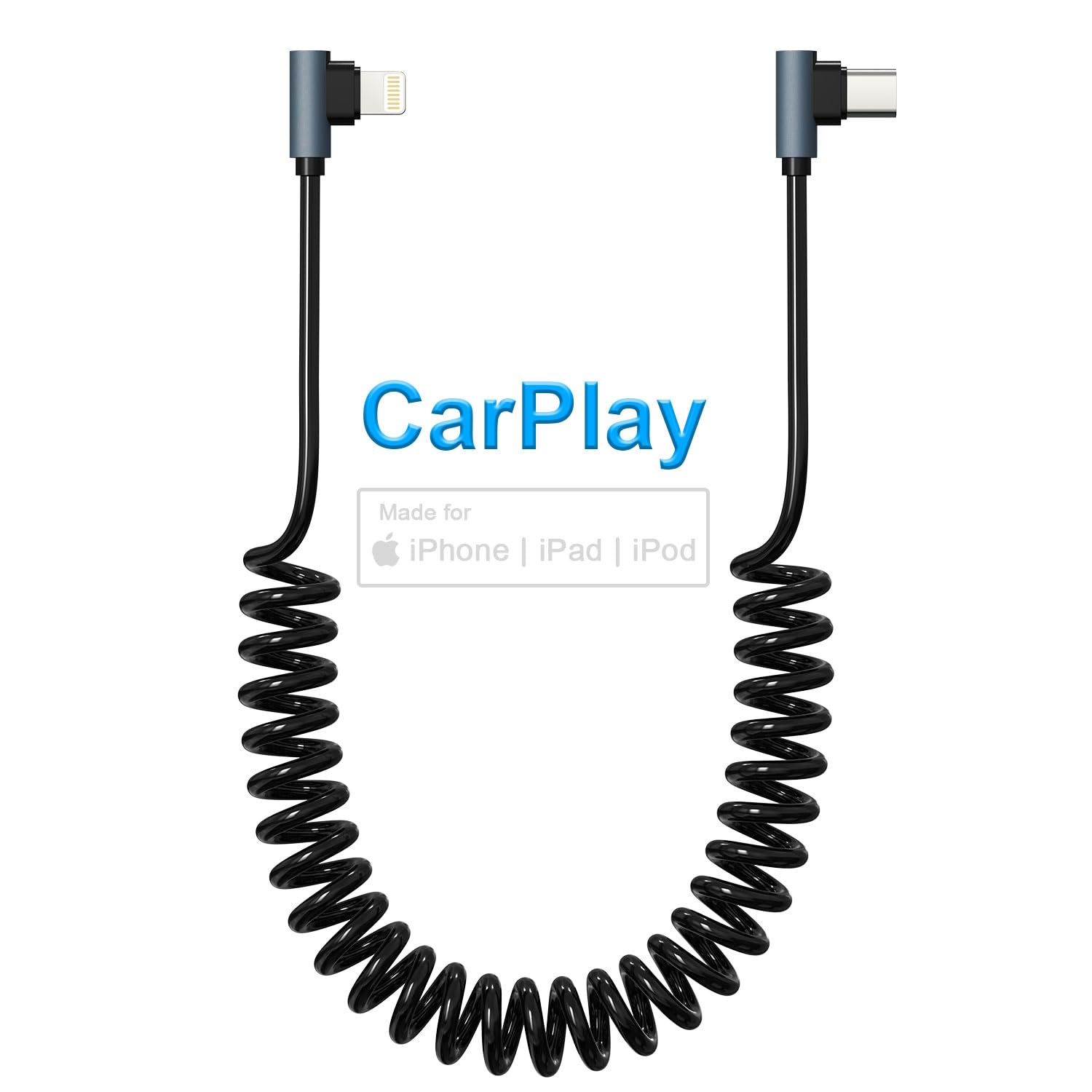 90 Degree Coiled USB-C to Lightning Cable, Apple Car Play Cord with Data Sync[Apple MFi Certified]Short Retractable iPhone Charging Cable, PD 20W USB C Lightning Fast Charging Cable for iPhone/Pad/Pod
