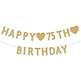 Gold Happy 75th Birthday Banner, Glitter 75 Years Old Woman or Man Party Decorations, Supplies