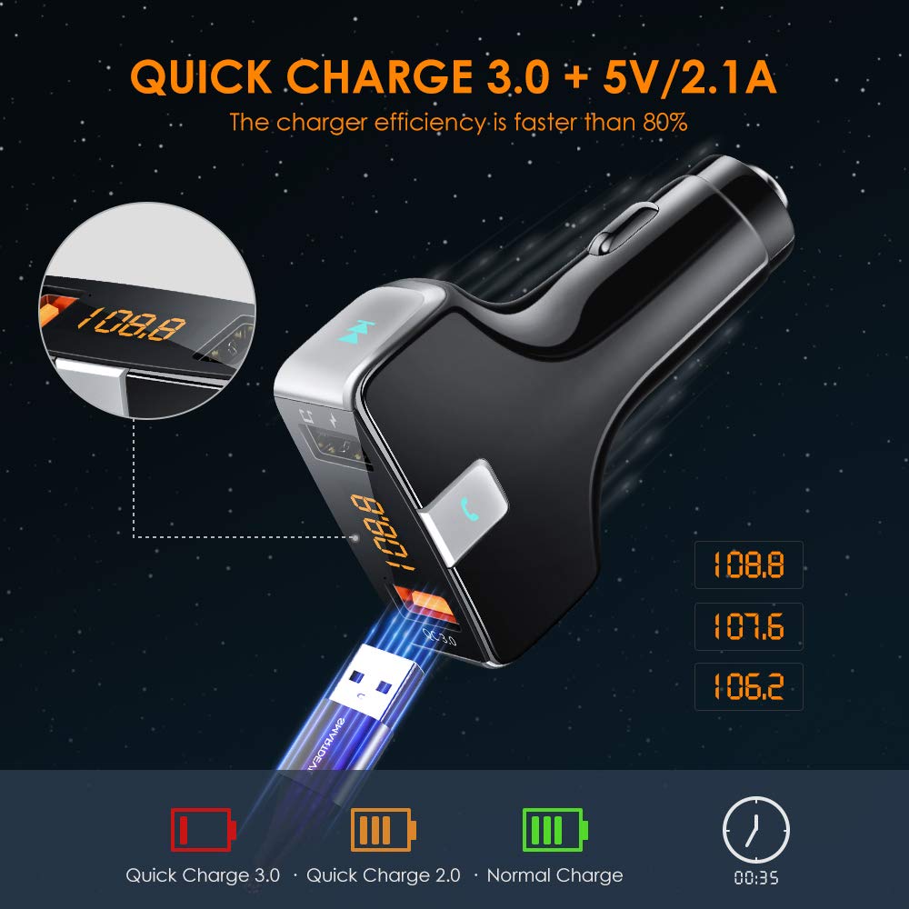 bedee FM Transmitter Bluetooth 5.0 with QC3.0 Charger for Car, Wireless FM Transmitter Car Radio Audio Adapter, Handsfree Car Kit with Dual USB Charging Ports, LED Display, USB Flash Drives Reader