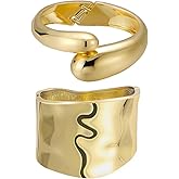 Emibele Cuff Bracelet Stack, 18K Gold-plated Open Bangle Bracelet, Teardrop Hinged Thick Wrist Chunky Bracelet Set for Women, Non Tarnish Jewelry Gift, 2 Pack