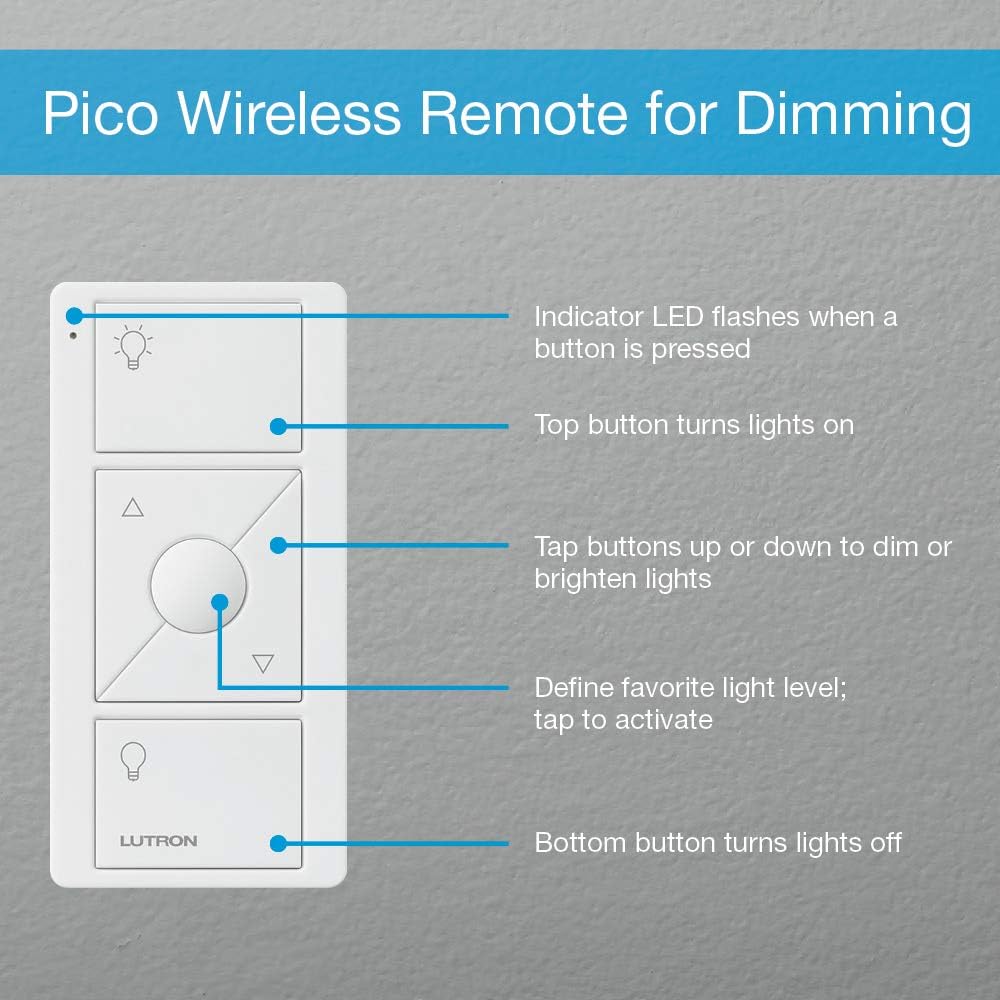 Lutron 3-Button with Raise/Lower Pico Remote for Caseta Wireless Smart Lighting Dimmer Switch, PJ2-3BRL-WH-L01R, White - - 