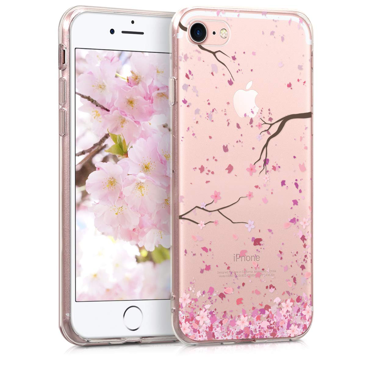 kwmobile Clear Case Compatible with Apple iPhone SE (2022) / iPhone SE (2020) / iPhone 8 / iPhone 7 - Phone Case Soft TPU Cover - Cherry Blossoms Pink/Dark Brown/Transparent