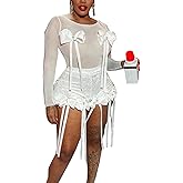 Cupitool Women Summer 2 Piece Outfits Sexy Short Sleeve Bow Top and Sheer Mesh Lace High Waist Shorts Sets Club outfit