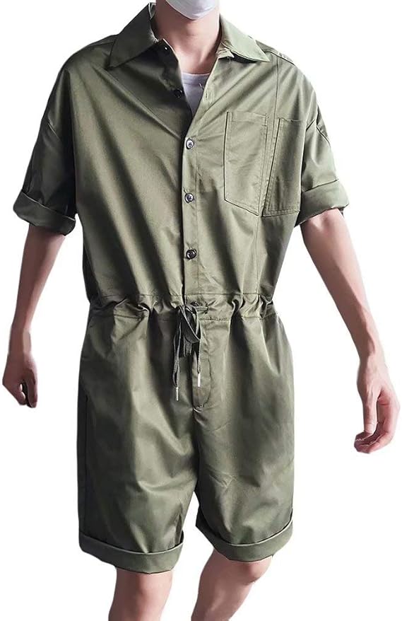 Amazon Co Jp Yimanie オールインワン メンズ オーバーオール 夏用 作業着 つなぎ 半袖 無地 ショート丈 ミリタリー 繋ぎ ひも付き 通勤 通学 ストリート アメカジ 男女兼用 3色 カジュアル ファッション 服 ファッション小物