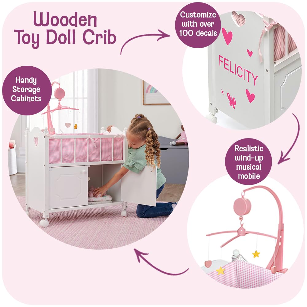 Badger Basket Wooden Toy Doll Bed with Storage, Mobile, and Bedding to Pretend and Play - Includes Wheels and Free Personalization Kit - White with Pink Gingham Fabric