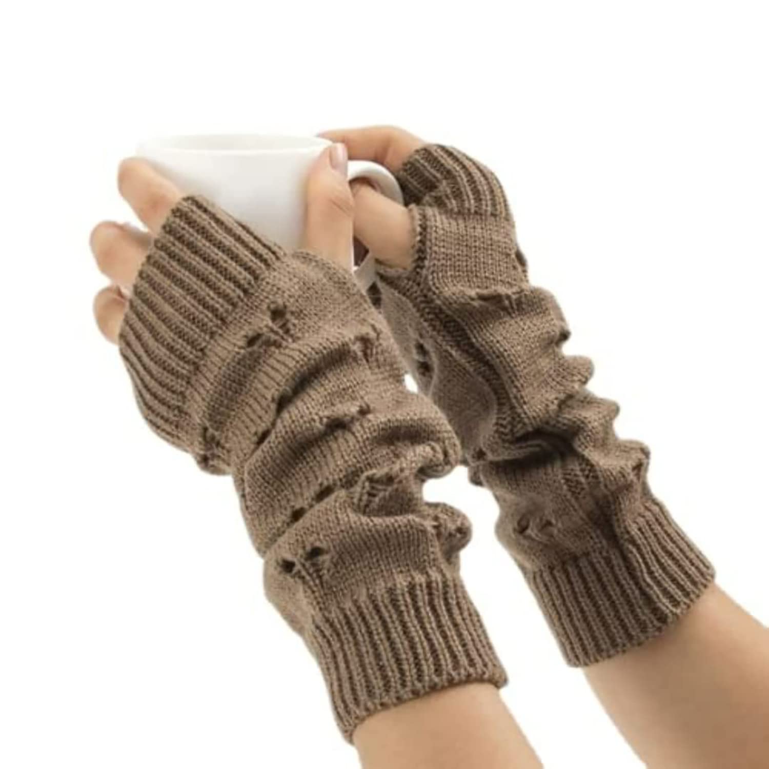 Photo 1 of 1 PCPOHADON Fairy Grunge Gloves Alt Emo Goth Accessories Fingerless Ripped Long Sleeve Arm Warmers Y2k Gyaru Arm Sleeve Harajuku Egirl (One Size,Brown)