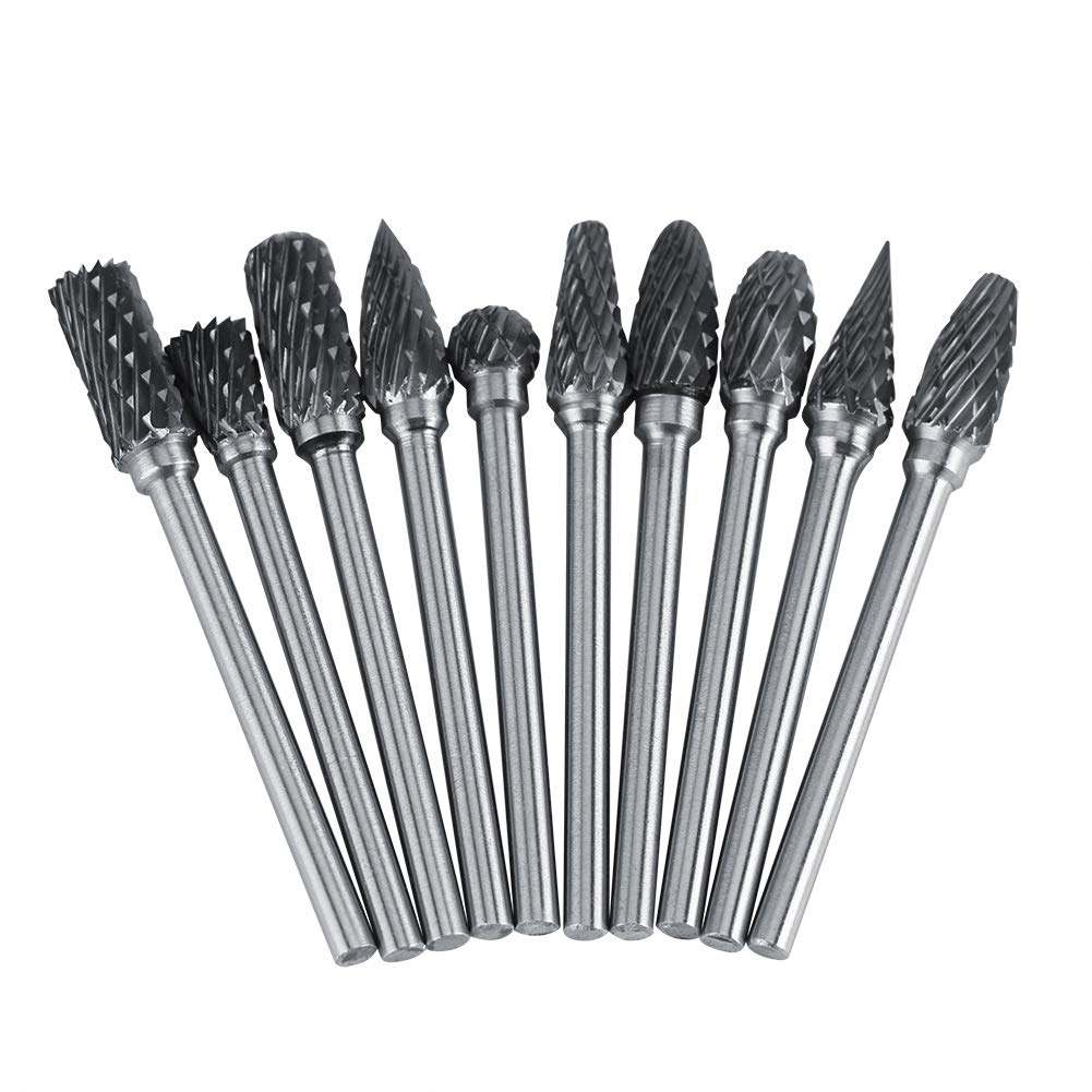 Rotary Files Burrs, Carbide Burr Set, 6mm Cutting Head Diameter 10Pcs Polishing Drilling for Metal Carving Die Grinder Drill(Double pattern)