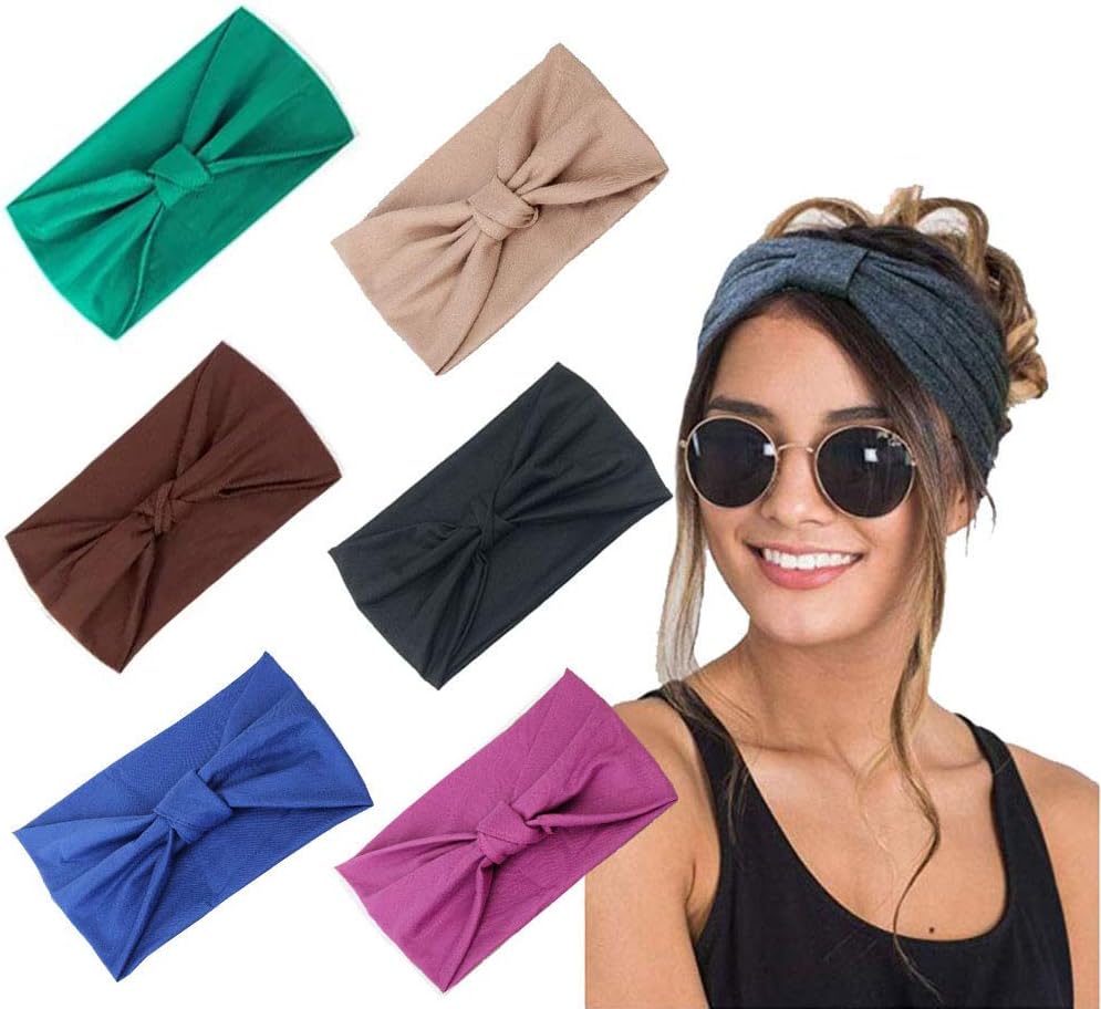 6Pcs Solid Wide Headbands for Women Elastic Bandana Knot Headbands Turban Headwraps Workout Head Wrap Hair Band Yoga Running Sport Twisted Hairband Hair Accessories for Women Girls