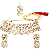 Efulgenz Indian Jewelry Sets for Women Bollywood Jewelry Crystal Rhinestone Choker Necklace Earrings Maang Tikka Head Chain Bridal Wedding Jewelry for Women