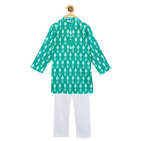 Campana By Hopscotch Boys Cotton Kurta Pyjama Set - Print in Turquoise Color