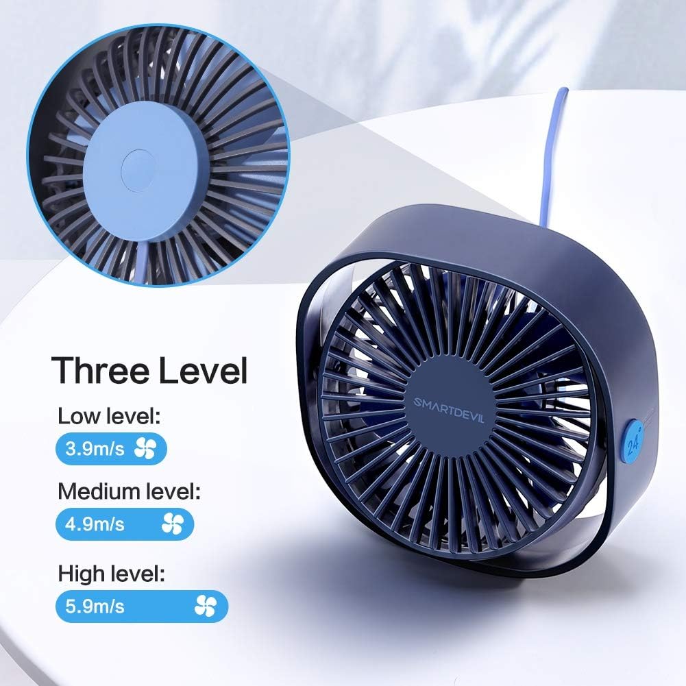 SmartDevil Small Personal USB Desk Fan,3 Speeds Portable Desktop Table Cooling Fan Powered by USB,Strong Wind,Quiet Operation,for Home Office Car Outdoor Travel (Navy Blue): Kitchen & Dining