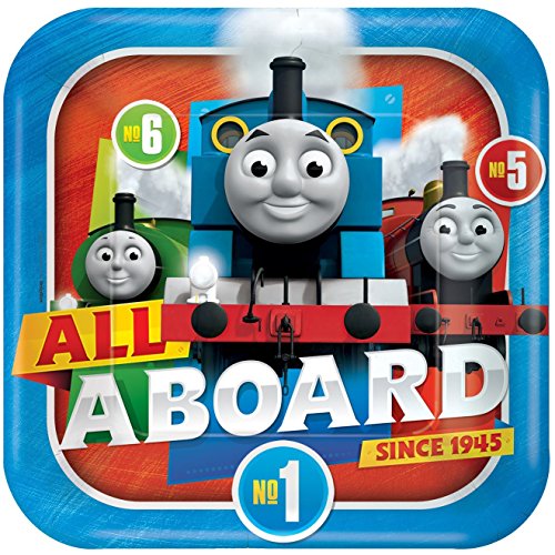 All Aboard Thomas The Train Tank Engine Complete Party Pack for 8 includes 9" Dinner Plates, Napkins, Cups, Tablecover, Cake Deco Candles & Cutlery with BONUS 1pc Extra Large Wooden Train Whistle