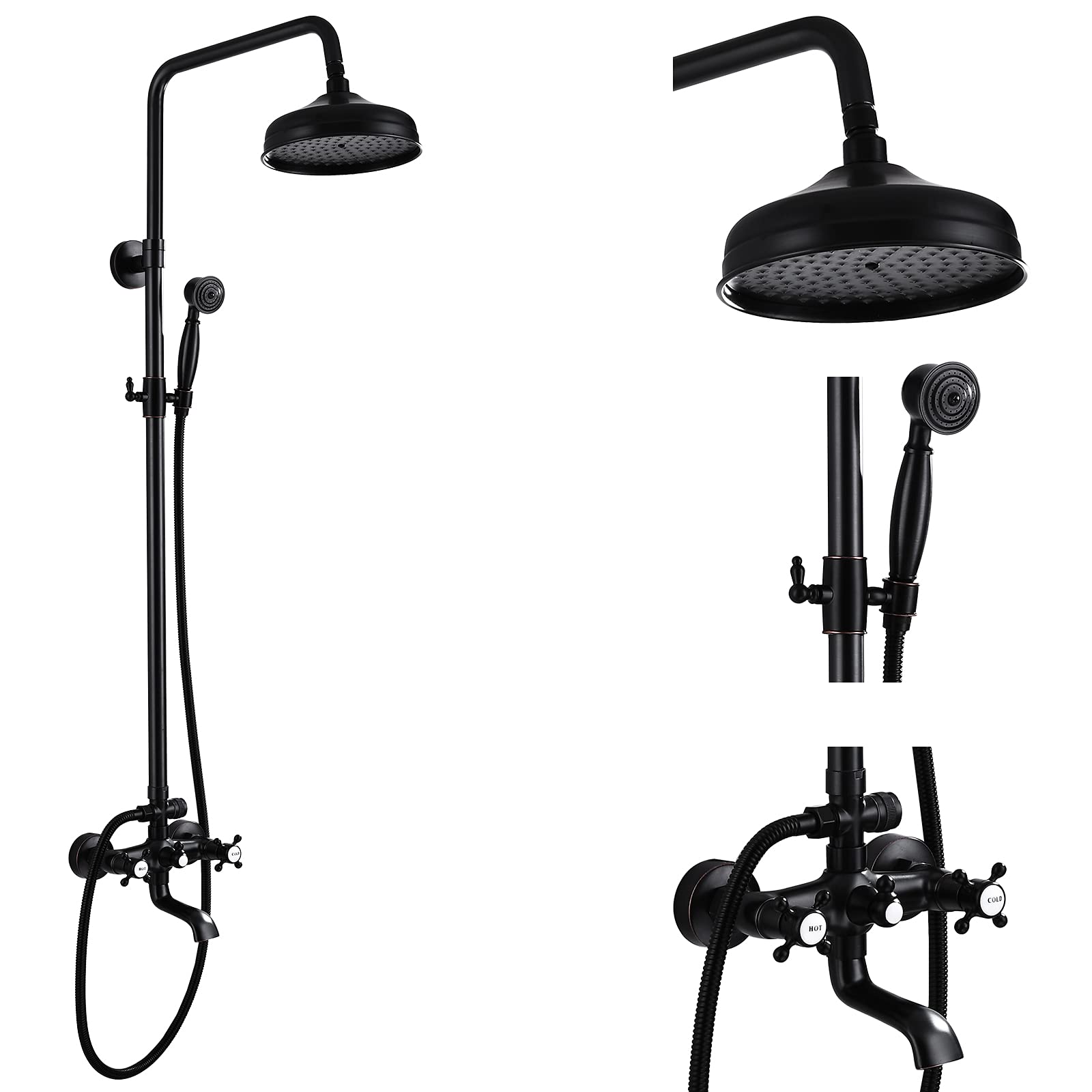 Aolemi Shower Fixture Oil Rubbed Bronze Bathroom Shower Faucet Set Rainfall 8 Inch Shower Head Mixer Double Knobs Cross Handle Bathtub Hand Spray Tub Tap
