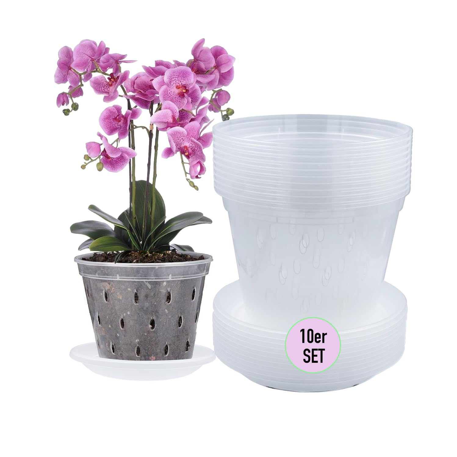 Garten lux Set of 10 Pcs. Transparent Orchid Pots with Drainage Holes Ø6.70 Inch 1.5L. Diameter 17cm and 10pcs.Saucers Plastic for Indoor Use