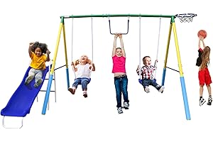 SMKIDSPORT 5-in-1 Swing Sets for Backyard for Kids 3-8, Tree Swings for Kids Outdoor with Slide, Basketball Hoop, Two Swing Seats and Gymnastics Rings