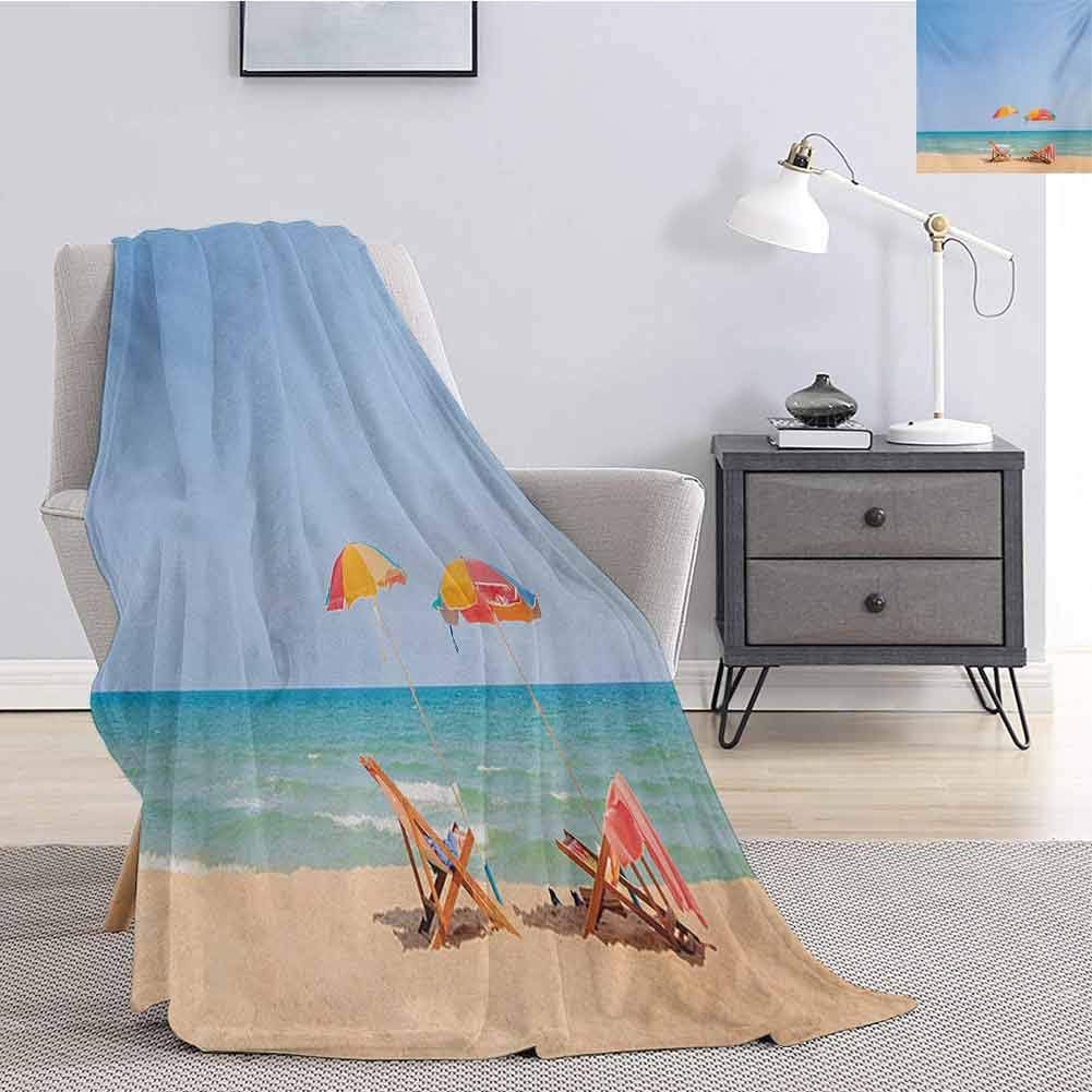 jecycleus Seaside Luxury Special Grade Blanket Beach Chair Umbrella on The Beach Leisure Time Tourist Attractions Photo Print Multi-Purpose use for Sofas etc. W70 by L90 Inch Turquoise Beige
