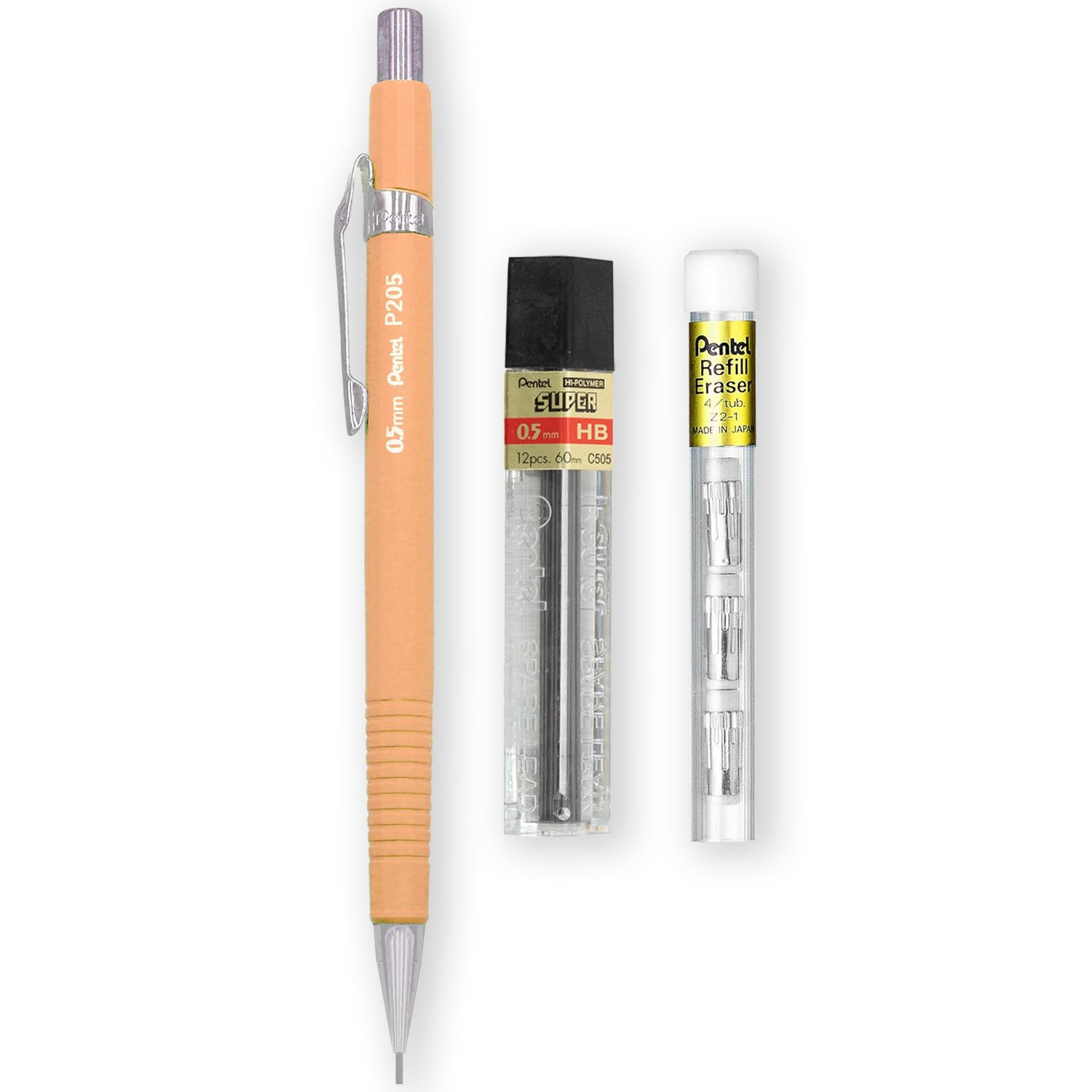 Pentel P205-97C Mechanical Automatic Pencil - Pastel Floral Range - Single + 12 Hi-Polymer HB 0.5mm Refill Leads + Z2-1N Eraser Refills Tube of 4 (Pastel Orange)