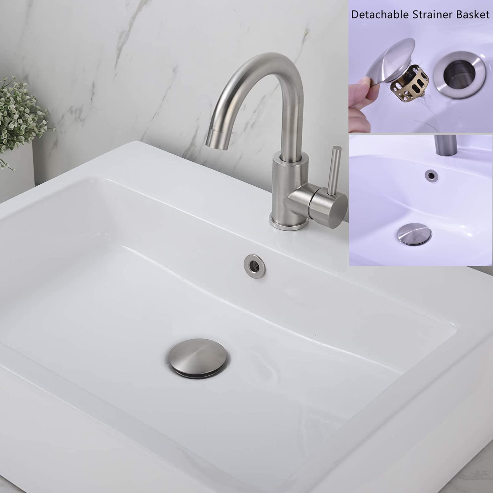 Rockgoya Bathroom Sink Drain,Drain Stopper Bathroom Sink Without Overflow,Pop Up Drain Assembly with Detachable Strainer Basket,Built-in Anti-Clogging Strainer,Stainless Steel Brushed Nickel