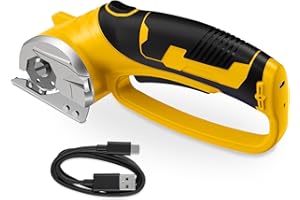 MERSHCA Cordless Electric Scissors, 4V Rechargeable Box Cutter & Cardboard Cutter with Titanium Blade, LED Light, Safety Lock - Rotary Cutter for Fabric, Leather, Carpet, Plastic, Crafting, Sewing(Yellow)