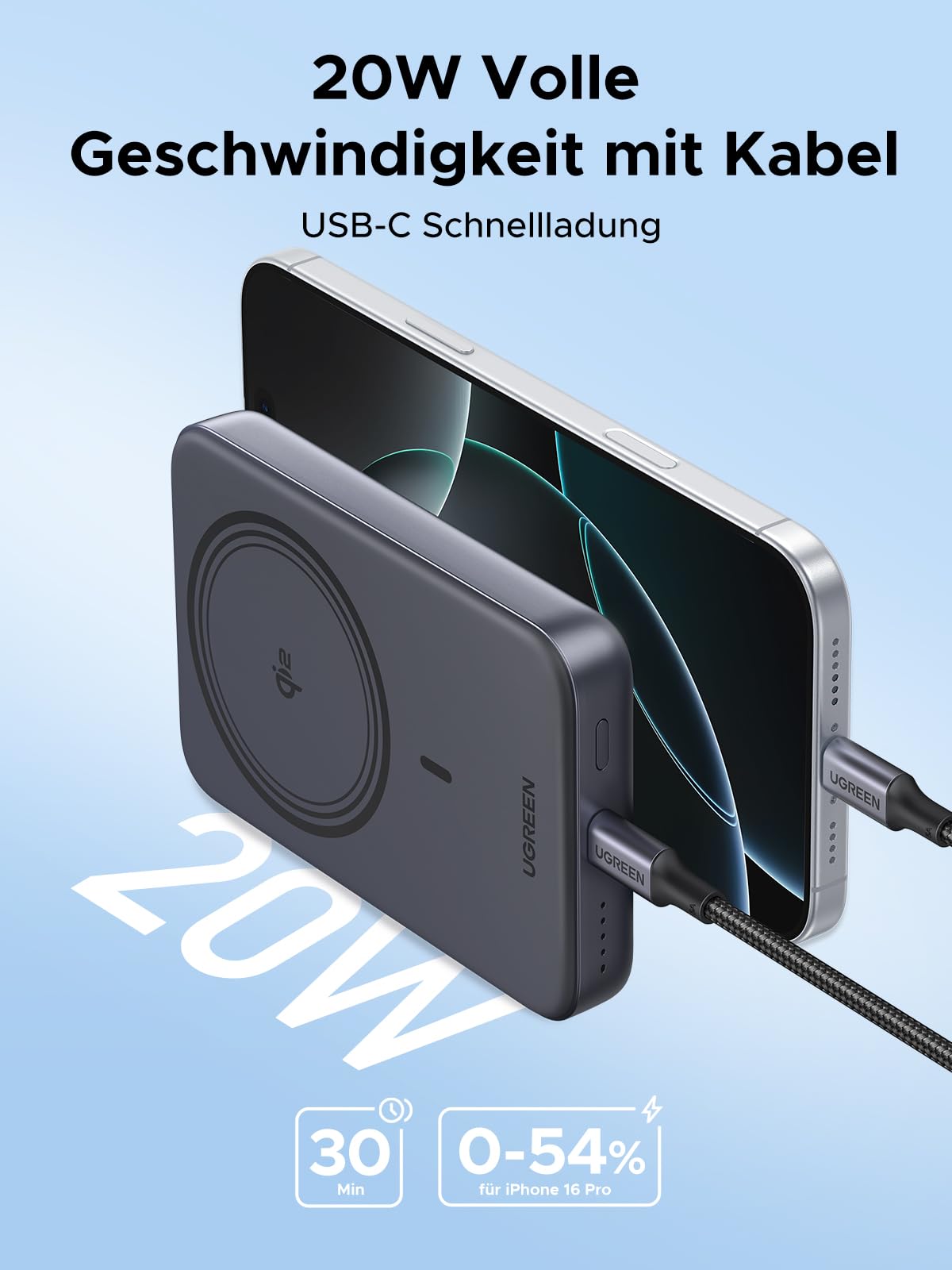 UGREEN Zapix Qi2 Wireless Powerbank 10000mAh kompatibel mit Magsafe 15W kabellose Power Bank & 20W USB-C-Schnellladefunktion externer Akku kompatibel mit iPhone 16 Pro Max/16/15-12 4