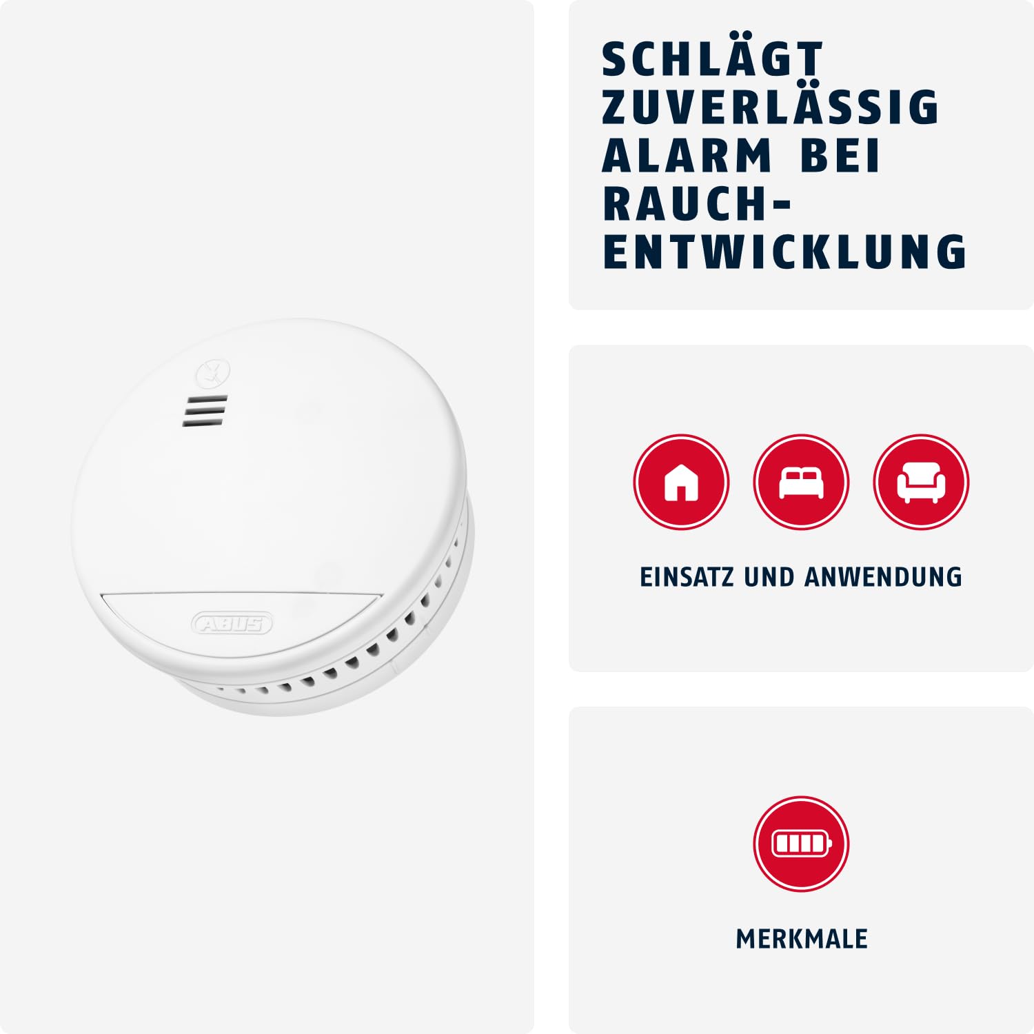 ABUS Rauchmelder RWM90 - mit austauschbarer 5-Jahres-Batterie - DIN EN14604 Zertifiziert - für Wohnräume geeignet - 85 dB Alarmlautstärke - Weiß 2