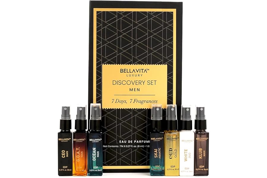 BellaVita Luxury Discovery Set Mens Perfumes (7x8ml) | Mini Perfume Gift Set for Men with Bergamot, OUD & Patchouli Oriented | Compact Long-Lasting Oud Colognes for Men | Cruelty Free Fragrance