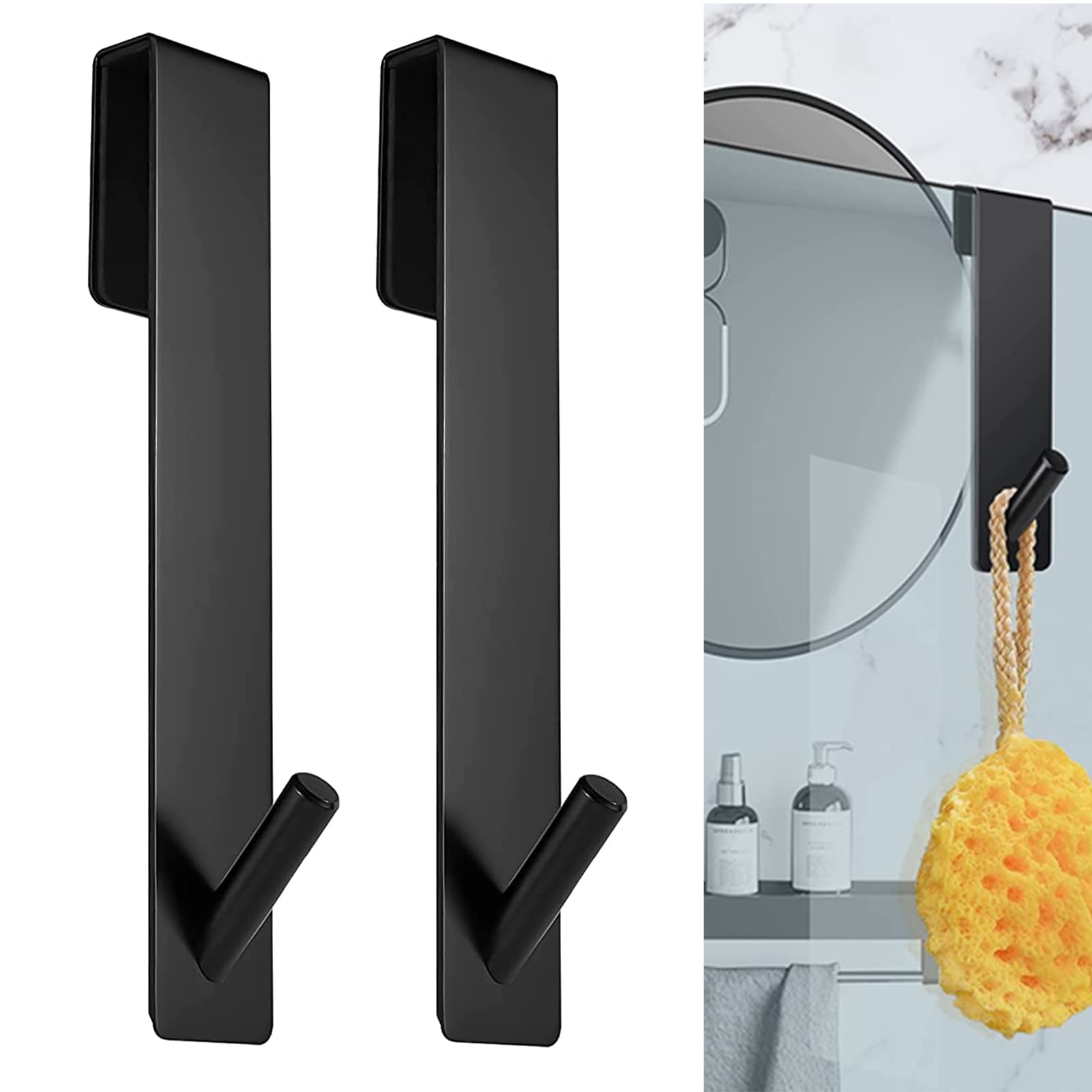 Cimown 2 Pcs Shower Glass Door Hooks, Shower Screen Hooks, No Drilling, with Protective Backing, Stainless (Black, Long-Length, Single Hook) — image 1