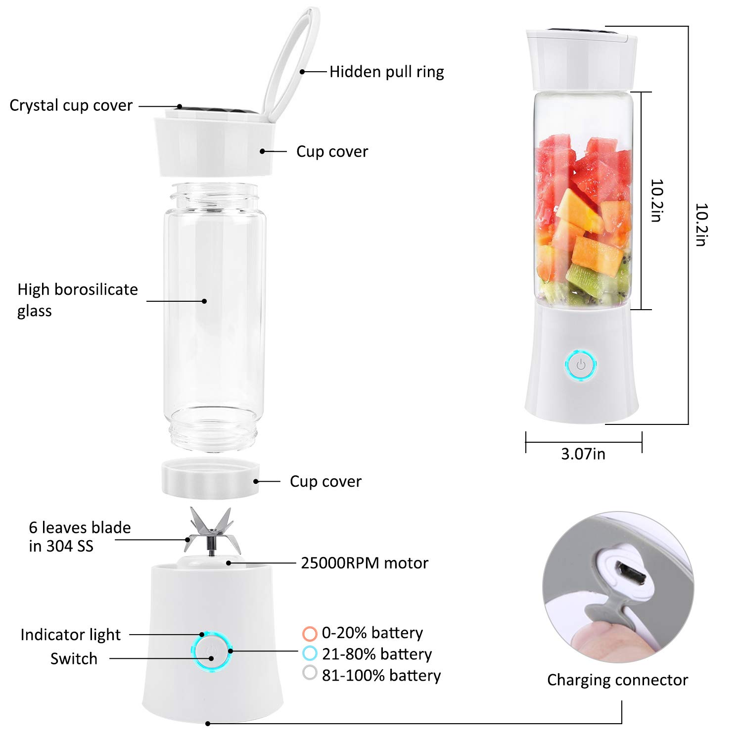 Portable Blender, Supkiir USB Rechargeable Mini Juicer Cup with Handle, Smoothie Blender with 6 Blades with 4000mAh… - Image 3