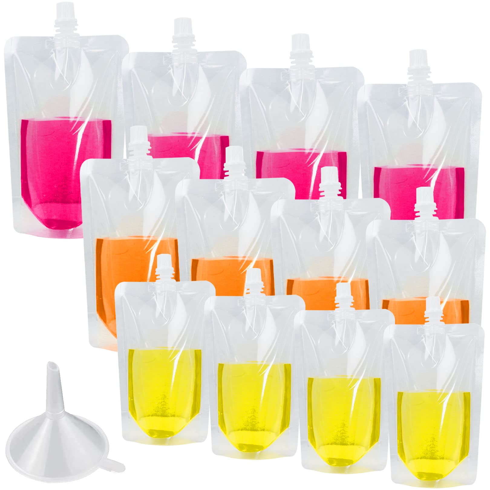 12 Pack Drink Pouches for Festivals Reusable Drinks Flasks Leak Proof Juice Plastic Pouches Bags,for Festivals Party Picnic Beverage, with Spouts and Funnel, 300ml, 420ml, 500ml