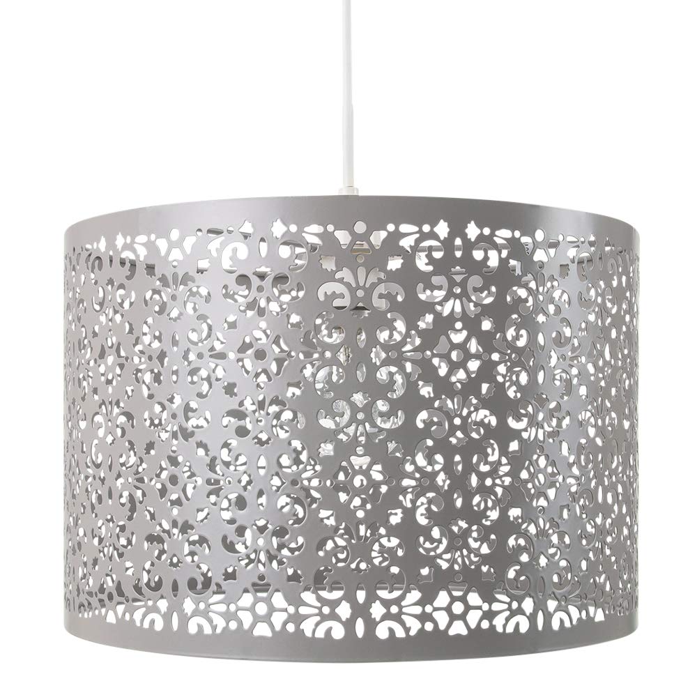 Unique Moroccan Designed Soft Grey Metal Circular Pendant Light Shade with Floral Decor, 29cm Diameter and Maximum 60watt Bulb Allowed by Happy Homewares