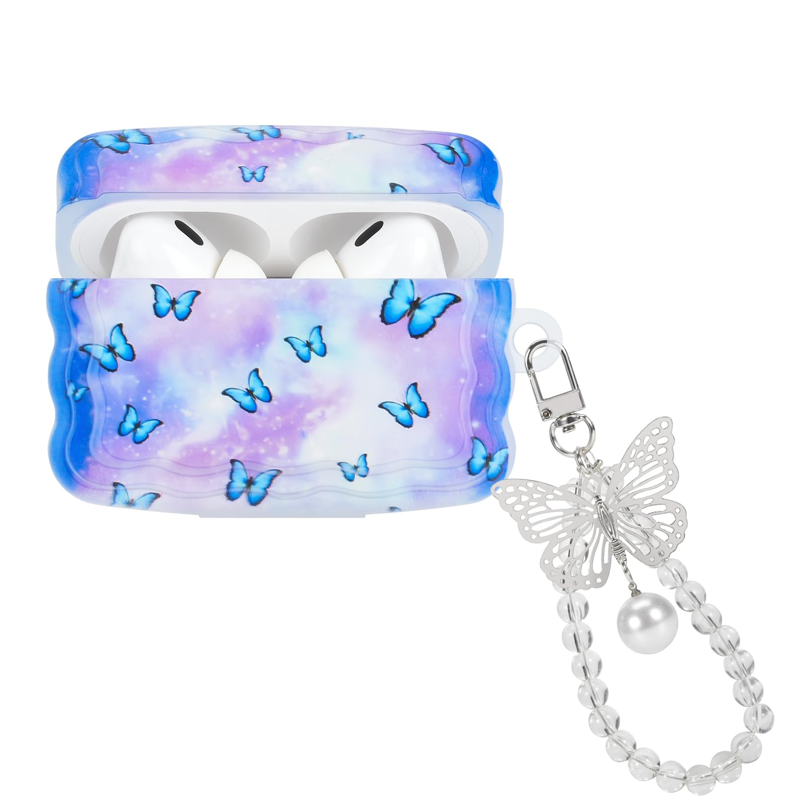 Cute Case for AirPods Pro (2019) with Crystal Butterfly Keychain, Blue Butterflies Wave Eage Design for Women Girls Soft TPU Full-Body Protective Shockproof Cover for AirPod Pro